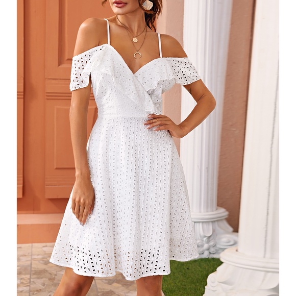 MBM Unlimited Dresses & Skirts - White Off the shoulder Eyelet Ruffle Trim Dress